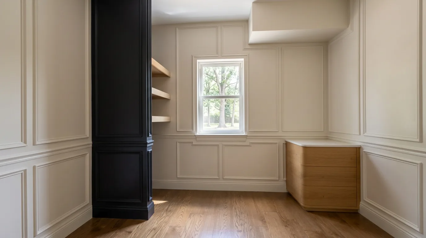 Finished custom millwork with black paneled built-in, white oak shelving, and picture-frame wall molding by Connor's Contracting in New Jersey.