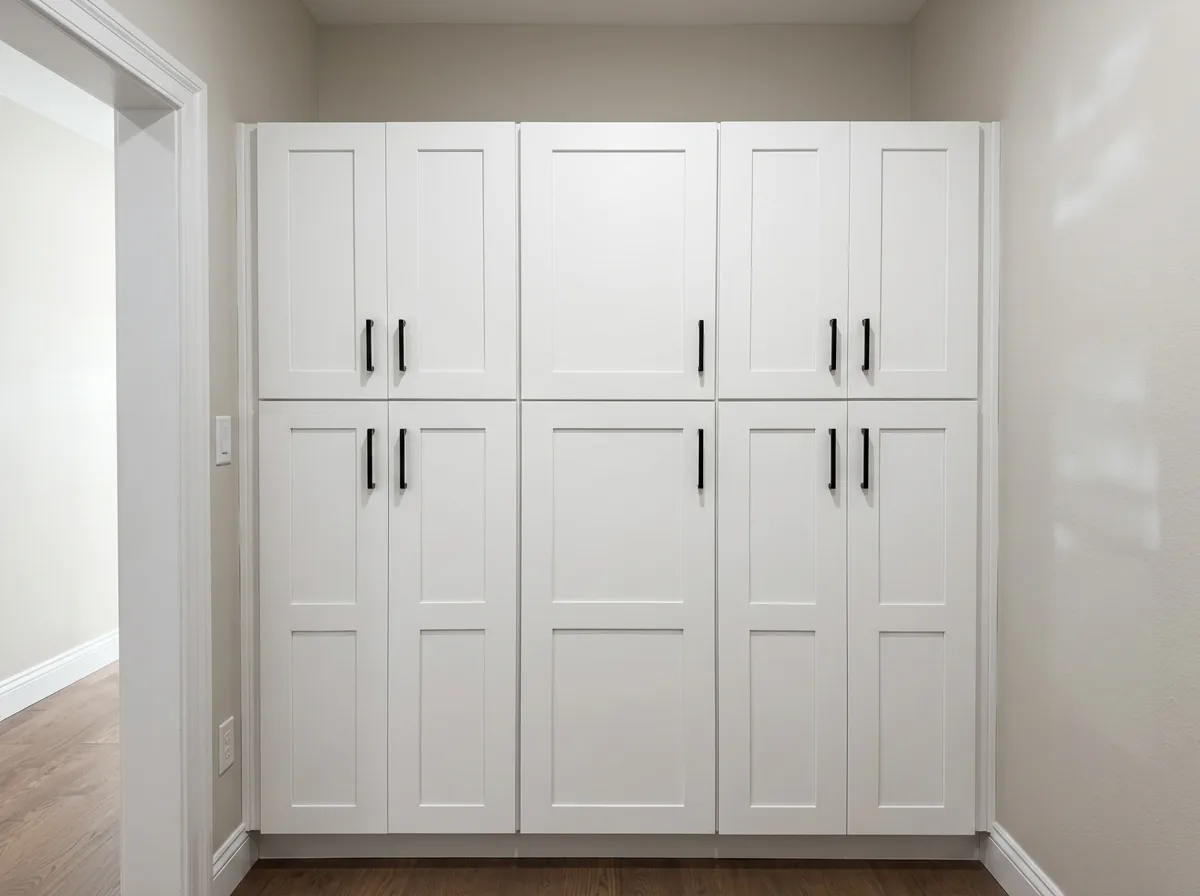 Floor-to-ceiling white shaker storage cabinetry with matte black bar pulls built by Connor's Contracting.